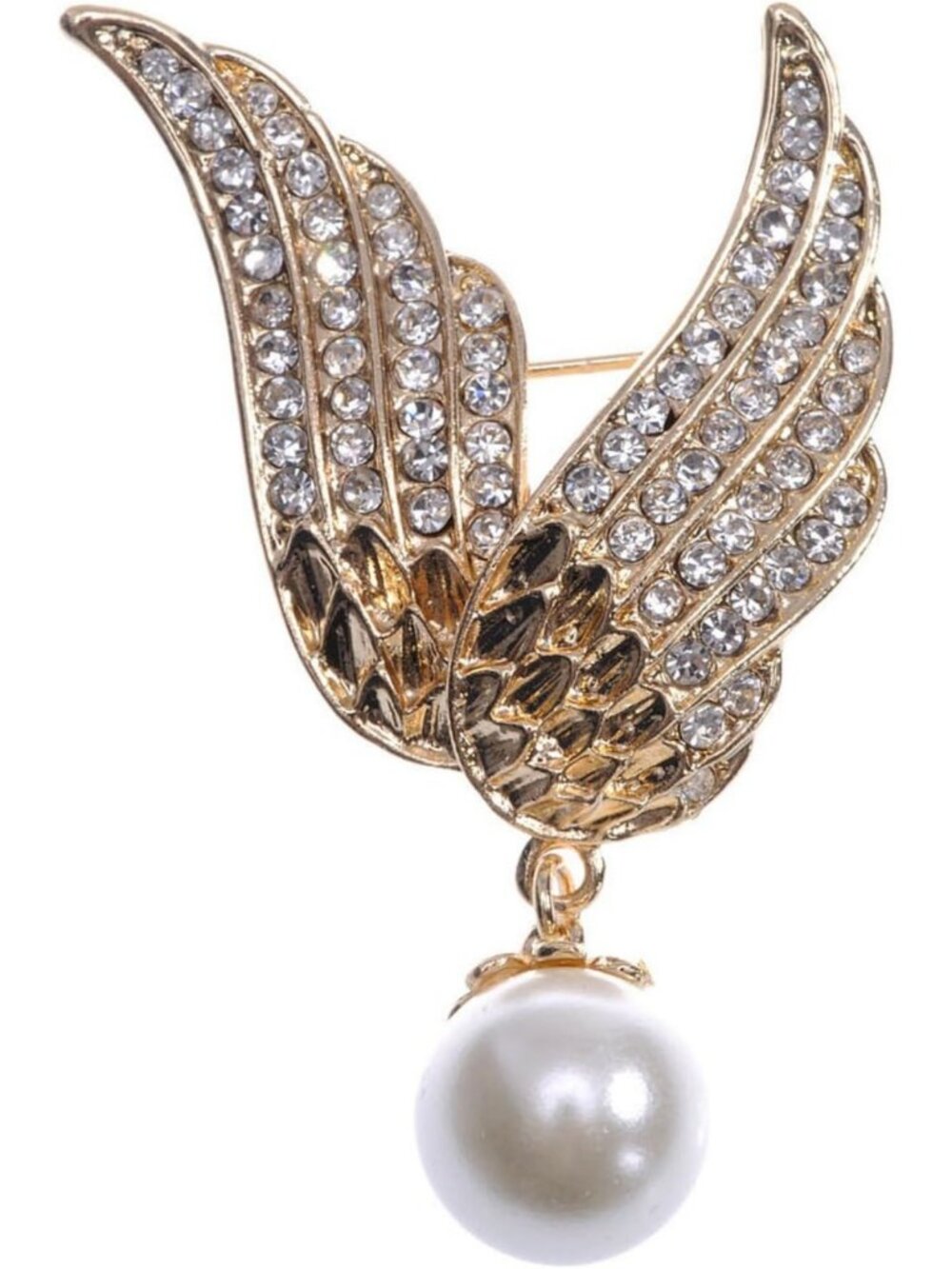 Elegant Gold Tone Crystal Angel Wings Brooch with Faux Pearl Accent - Stunning